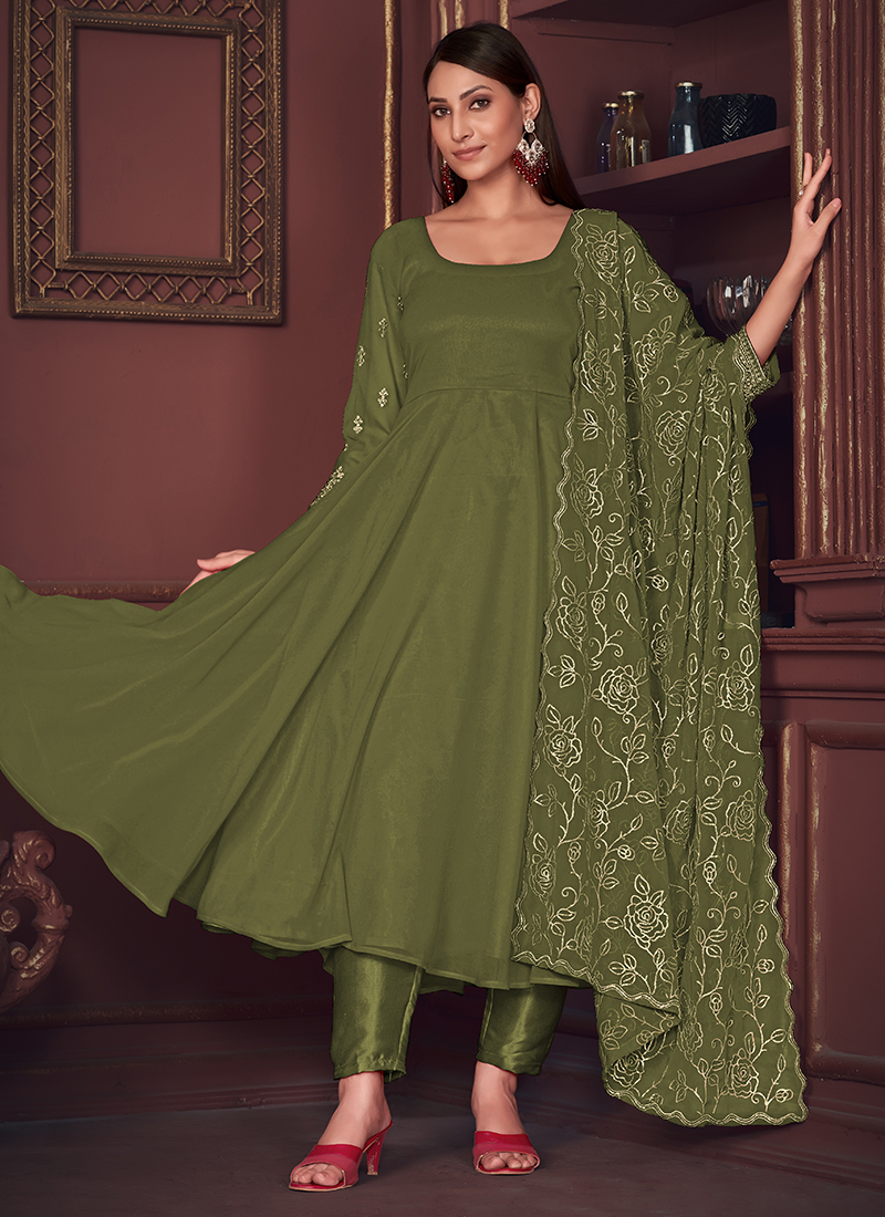 WOMEN GREEN Georgette EMBROIDERY PARTY WEAR SUIT SET